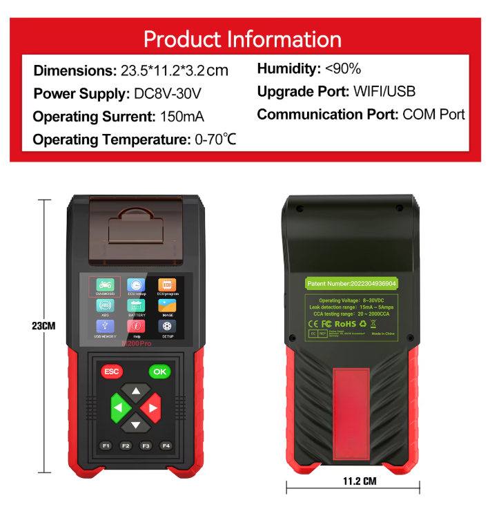 M200 Pro Motorcycle Scanner - Handheld Diagnostic Tool with ECU Remap, Honda Yamaha Compatible, WiFi, Battery Testing