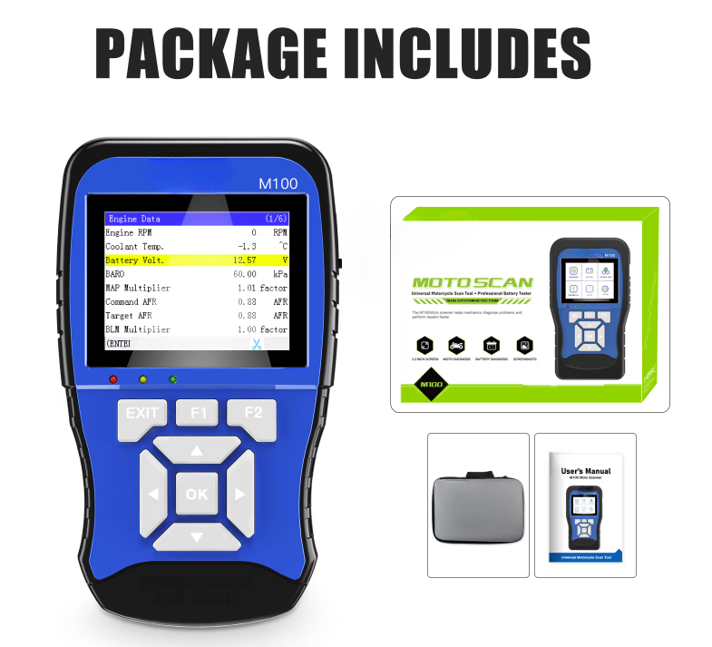 M100 Motorcycle Diagnostic Scanner - Handheld Tool for Honda, Yamaha, Suzuki, OBDII with Live Data, Fault Code Reset