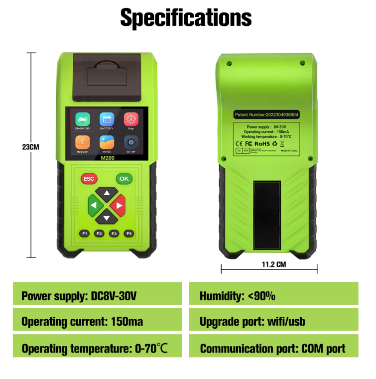 M200 Motorcycle Scanner - Handheld Diagnostic Tool for Honda, Yamaha, BMW with WiFi, Battery Testing, Thermal Printer