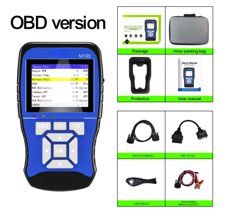 M100 Motorcycle Diagnostic Scanner - Handheld Tool for Honda, Yamaha, Suzuki, OBDII with Live Data, Fault Code Reset