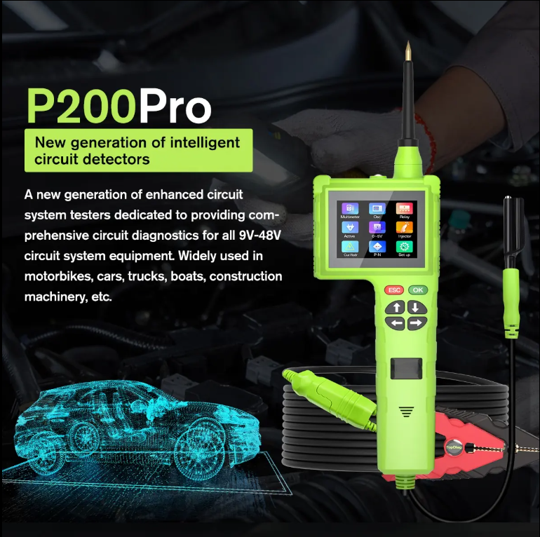Smart Hook P200 Pro Circuit Tester - 9-48V Intelligent Diagnostic Tool with LCD, Oscilloscope, Injector Testing