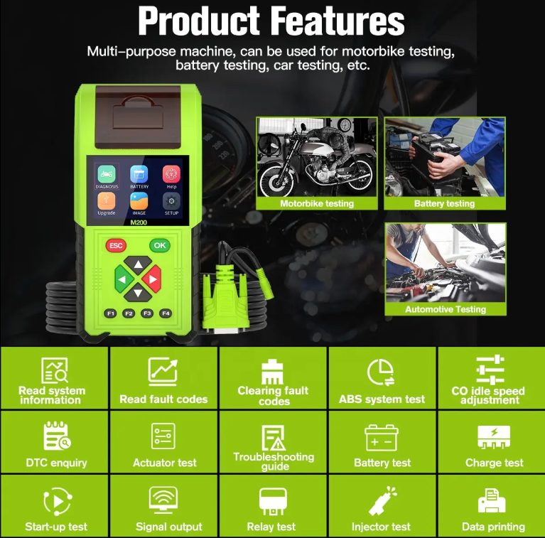 M200 Motorcycle Scanner - Handheld Diagnostic Tool for Honda, Yamaha, BMW with WiFi, Battery Testing, Thermal Printer