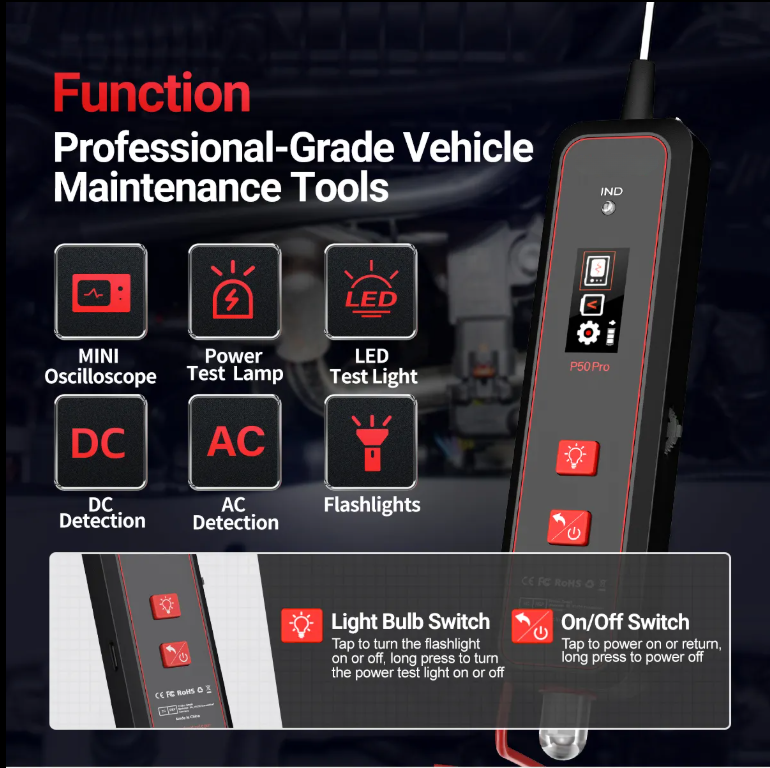 P50Pro Mini Oscilloscope Automotive Circuit Tester - 0-45V AC/DC Detection, 200KHz Bandwidth, TFT Display, 5W Test Lamp