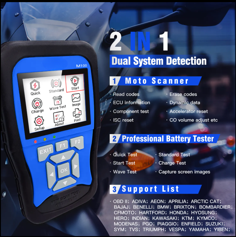 M100 Motorcycle Diagnostic Scanner - Handheld Tool for Honda, Yamaha, Suzuki, OBDII with Live Data, Fault Code Reset