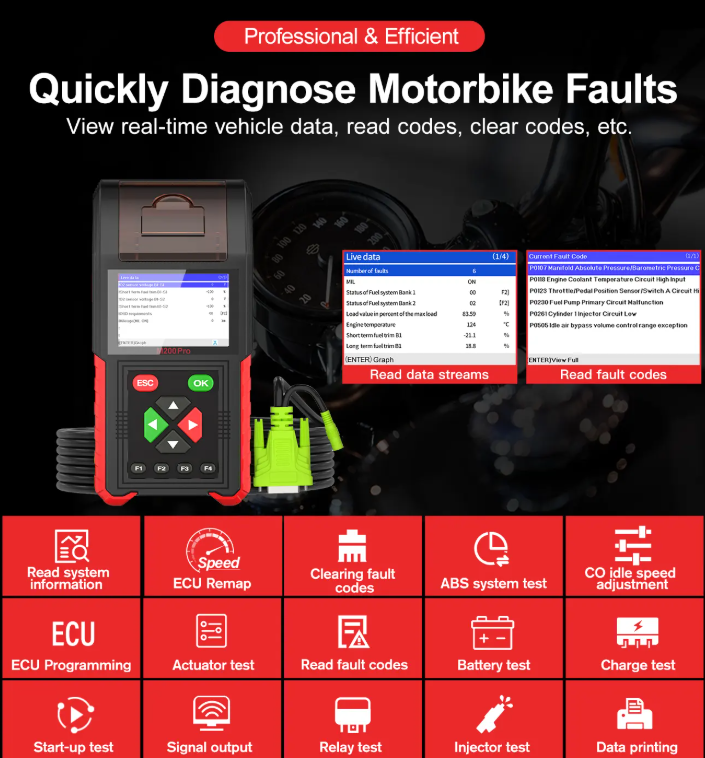 M200 Pro Motorcycle Scanner - Handheld Diagnostic Tool with ECU Remap, Honda Yamaha Compatible, WiFi, Battery Testing