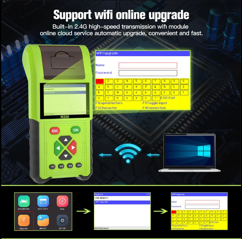 M200 Motorcycle Scanner - Handheld Diagnostic Tool for Honda, Yamaha, BMW with WiFi, Battery Testing, Thermal Printer