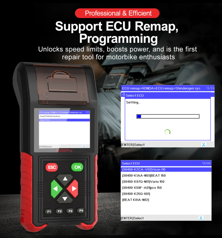 M200 Pro Motorcycle Scanner - Handheld Diagnostic Tool with ECU Remap, Honda Yamaha Compatible, WiFi, Battery Testing