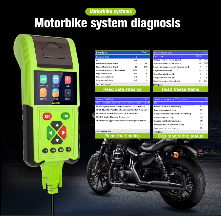 M200 Motorcycle Scanner - Handheld Diagnostic Tool for Honda, Yamaha, BMW with WiFi, Battery Testing, Thermal Printer