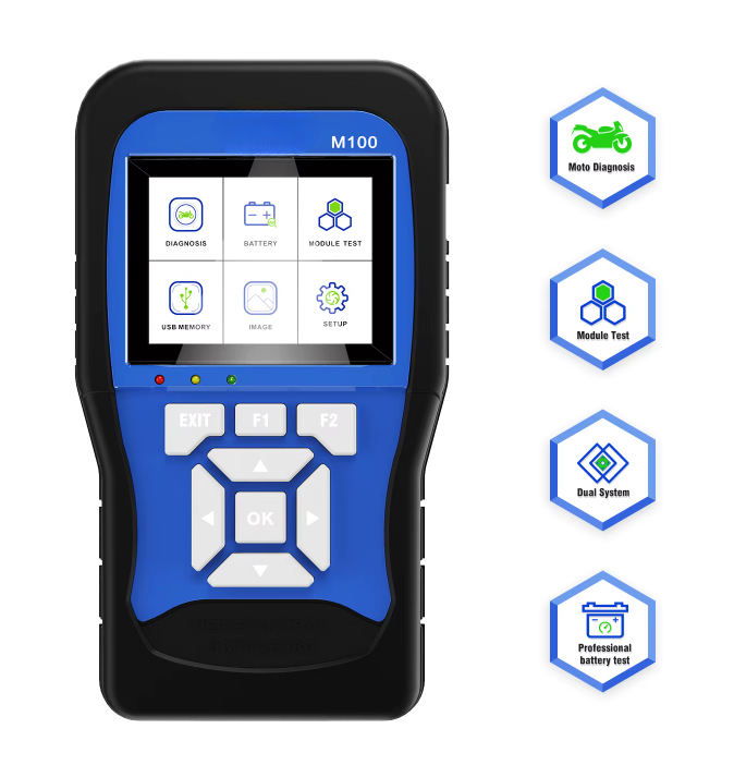 M100 Motorcycle Diagnostic Scanner - Handheld Tool for Honda, Yamaha, Suzuki, OBDII with Live Data, Fault Code Reset