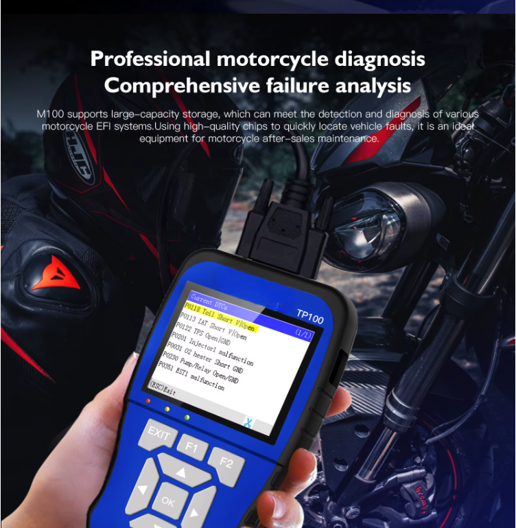 M100 Motorcycle Diagnostic Scanner - Handheld Tool for Honda, Yamaha, Suzuki, OBDII with Live Data, Fault Code Reset