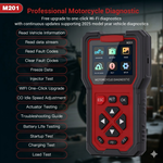 M201 Motorcycle Diagnostic Tool | Read/Clear DTC, Live Data, Injector Test, Signal Output, Battery Test