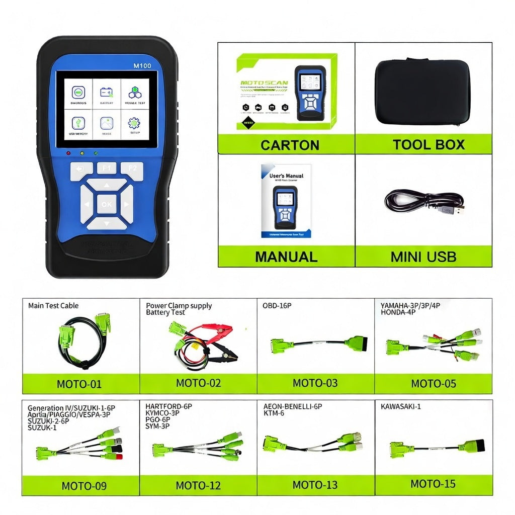 M100 Motorcycle Diagnostic Scanner - Handheld Tool for Honda, Yamaha, Suzuki, OBDII with Live Data, Fault Code Reset