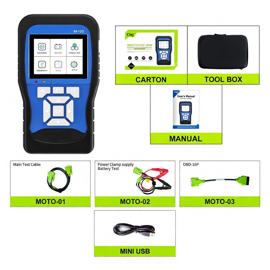 M100 Motorcycle Diagnostic Scanner - Handheld Tool for Honda, Yamaha, Suzuki, OBDII with Live Data, Fault Code Reset